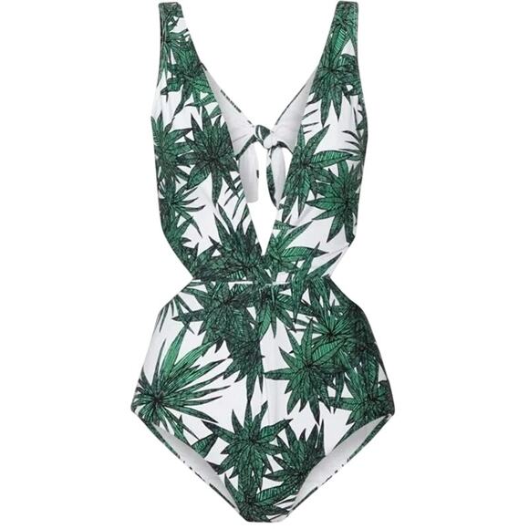Mara Hoffman Palm Print Plunging Cut-out One Piece Swimsuit size Large